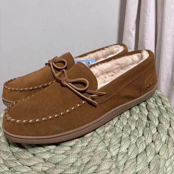My Slippers Men's Moccasin Slippers My Pillow Chestnut Brown Suede Faux Fur NWT - Picture 2 of 10
